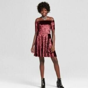 Xhiliration Velvet Burgundy Skater Dress small